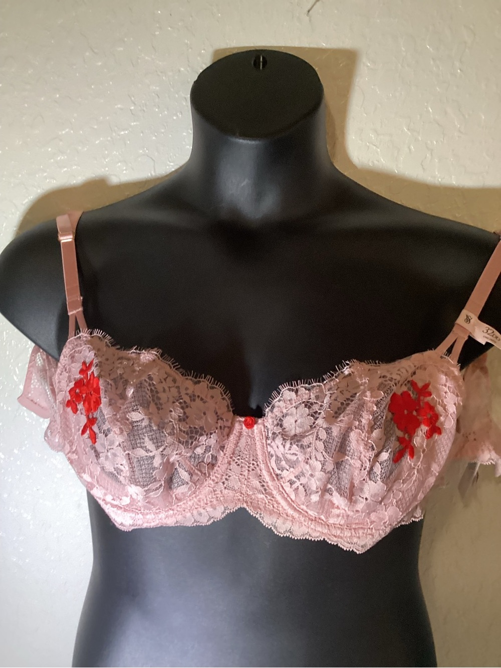 Victoria's Secret Pink Lace Underwire Bra with Red Floral Embroidery